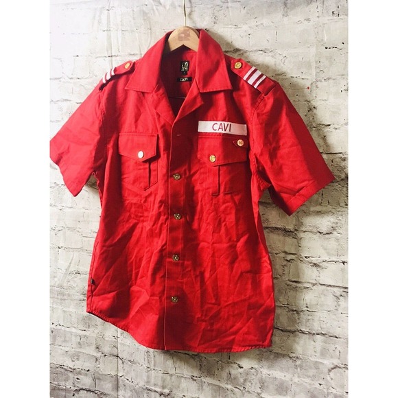 CAVI Military Style Short Sleeve Men's Button Front Shirt Size S SMALL RED WHITE - Picture 1 of 12